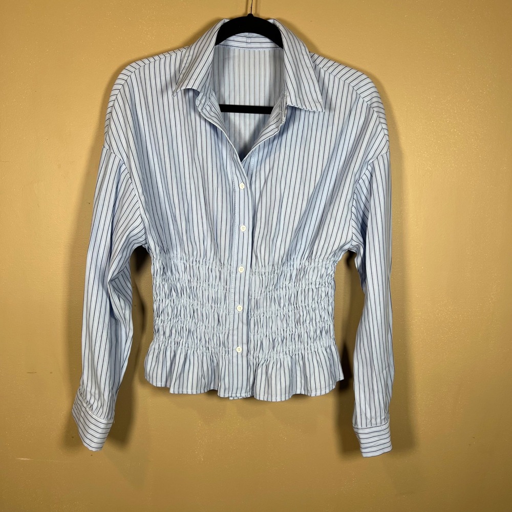 Poeselle Blue White Striped Smocked Waist Button Down Shirt Womens Small